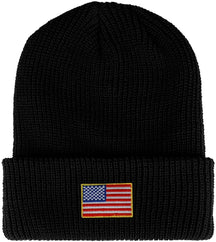 Armycrew Small American Flag Embroidered Patch Ribbed Cuffed Knit Beanie - Black