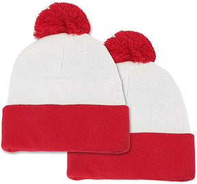 Red White Pom Pom Cuff Knit Beanie Hat