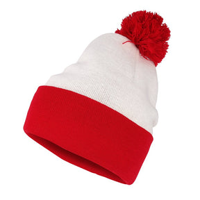 Red White Pom Pom Cuff Knit Beanie Hat