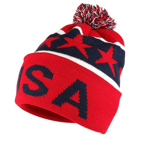 Armycrew USA Pom Pom Stylish Acrylic Cuff Winter Beanie Hat - USA Print - Red Navy