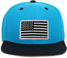 Armycrew Youth Kid's Black White American Flag Patch Flat Bill Snapback 2-Tone Baseball Cap