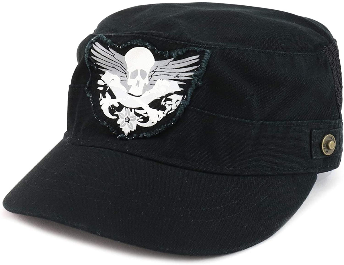 Armycrew Crossbone Skull Patch Brushed Canvas Meshed Flat Top Army Cap - Black - L