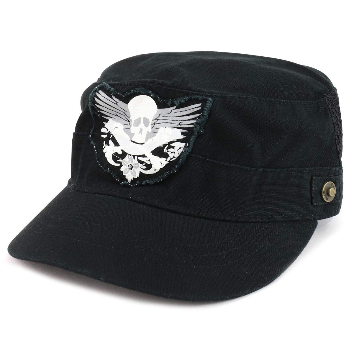 Armycrew Crossbone Skull Patch Brushed Canvas Meshed Flat Top Army Cap - Black - M