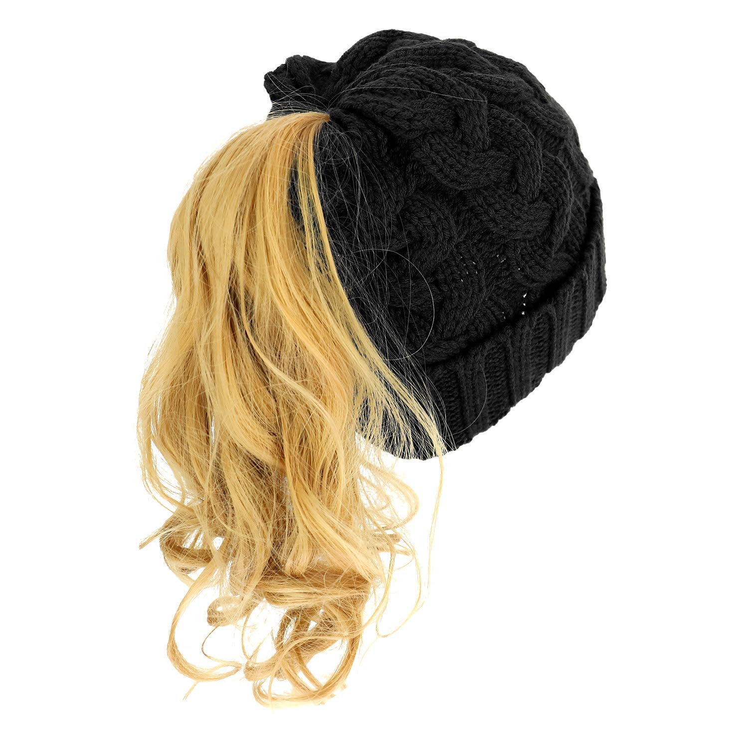 Armycrew Cable Knit Messy Bun Hair Winter Ponytail Beanie Cap