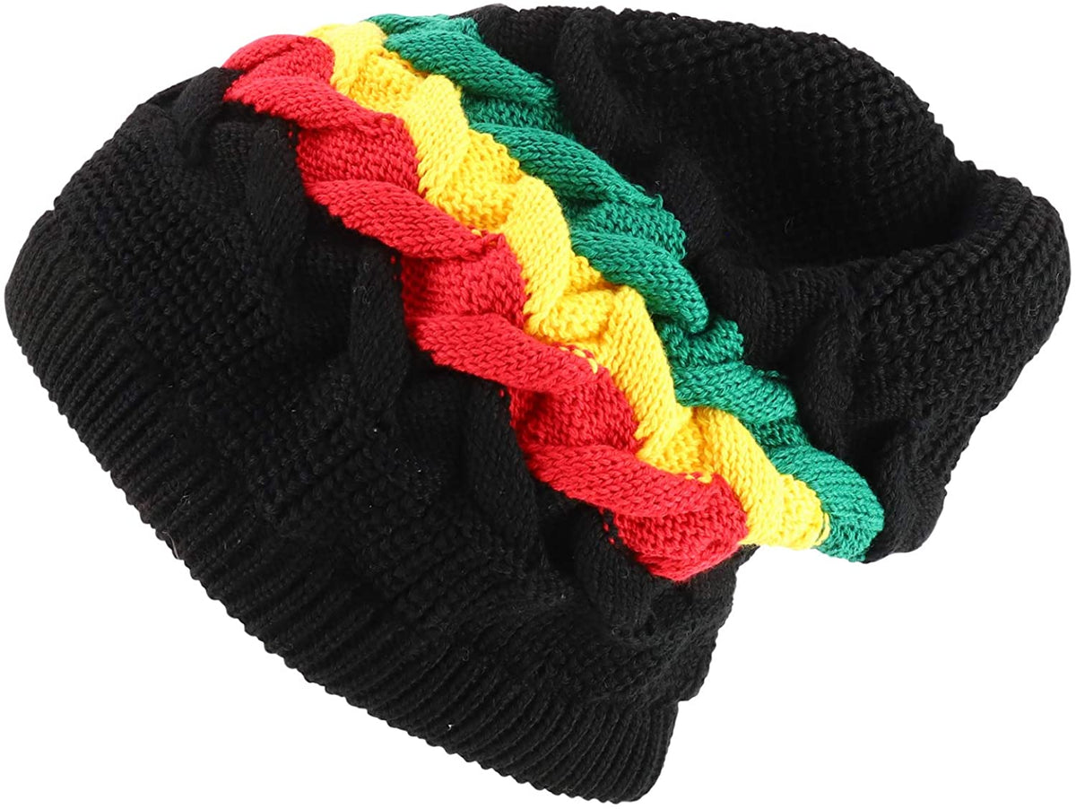 Armycrew RGY Cable Knit Dreadlock Deep Skull 100% Cotton Rasta Beanie - Black Rasta