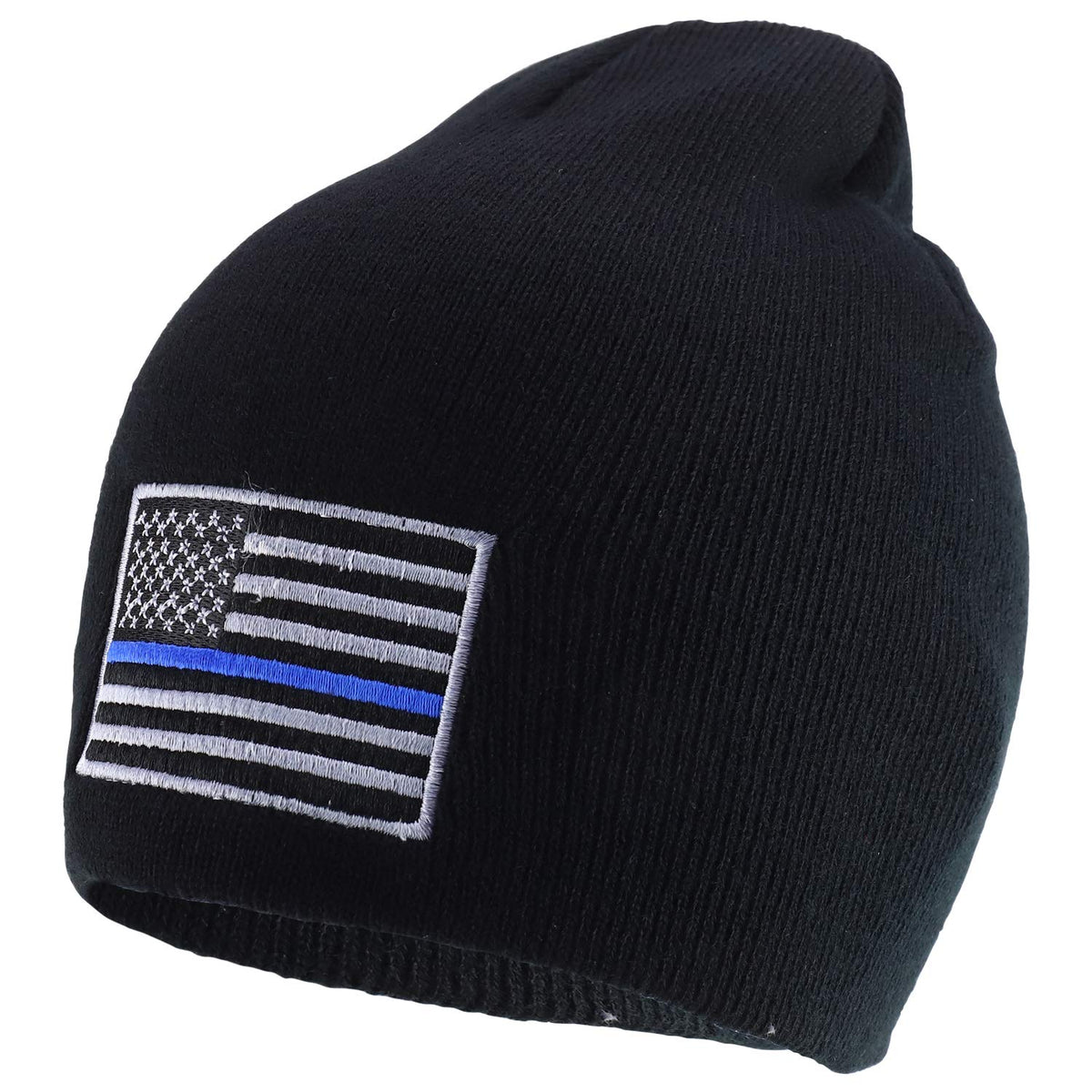 Rapid Dominance Thin Blue Line Embroidered US American Flag Skull Short Beanie Hat