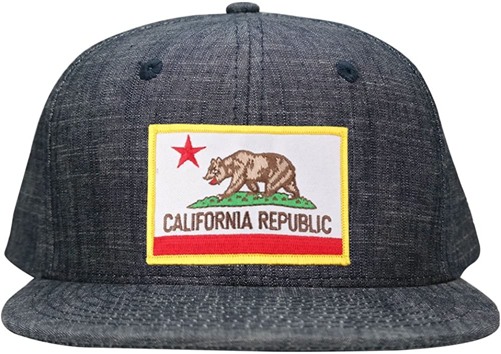 Washed Denim California Republic Iron on Patch Flatbill Snapback Cap - BLACK