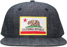 Washed Denim California Republic Iron on Patch Flatbill Snapback Cap - BLACK