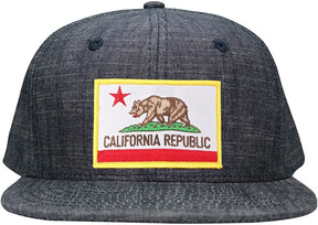 Washed Denim California Republic Iron on Patch Flatbill Snapback Cap - BLACK