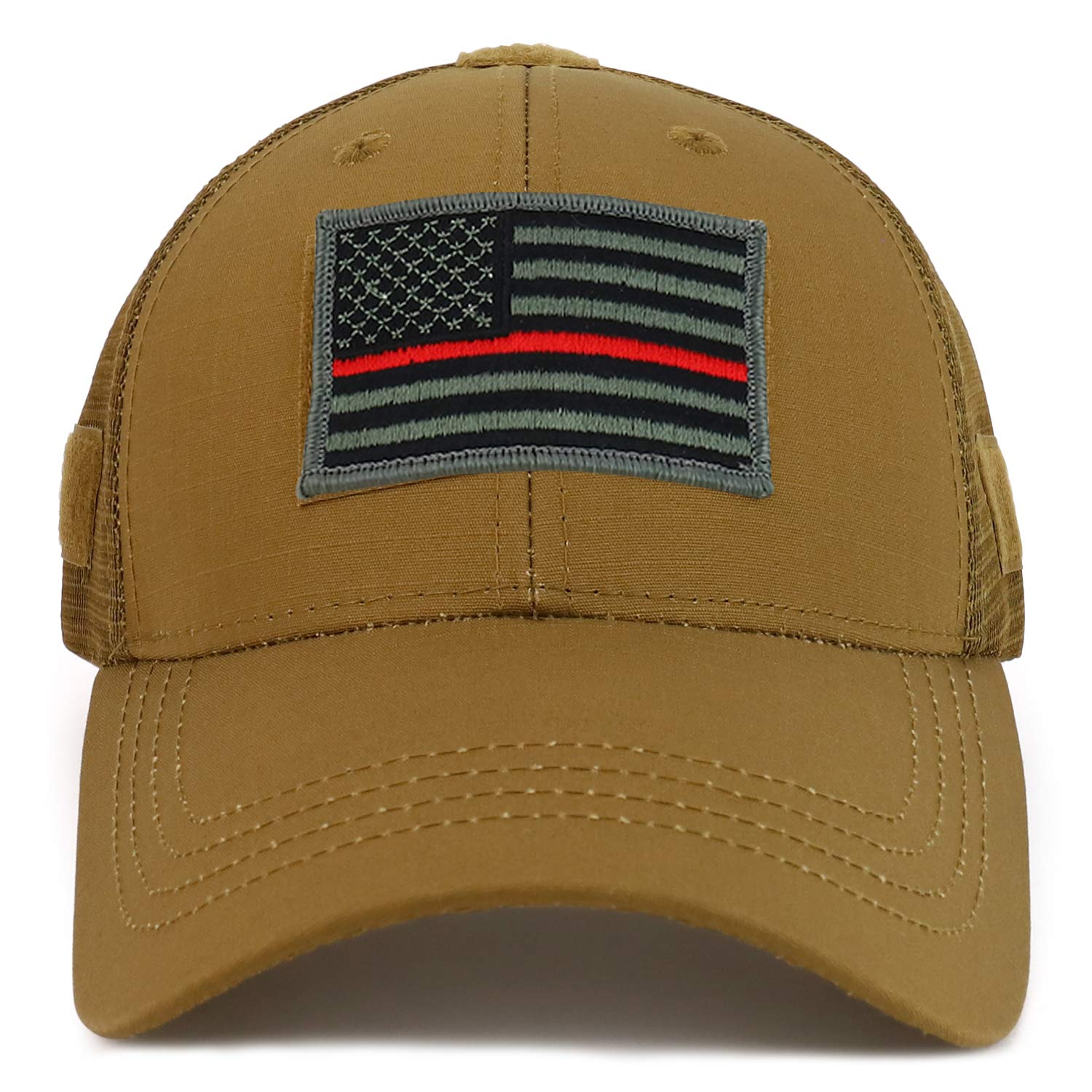 Armycrew USA Flag Thin Red Line Tactical Embroidered Patch Trucker Mesh Cap