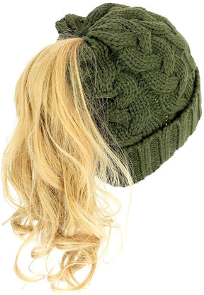 Armycrew Cable Knit Messy Bun Hair Winter Ponytail Beanie Cap