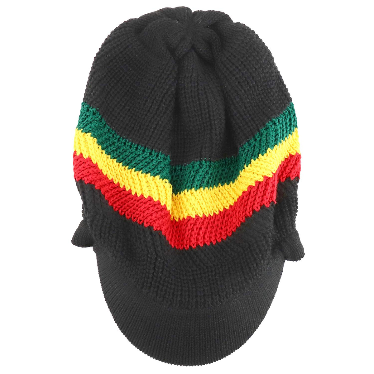 Armycrew RGY Striped Jamaica Rasta Knit Deep Crown 100% Cotton Visored Beanie - Black Rasta