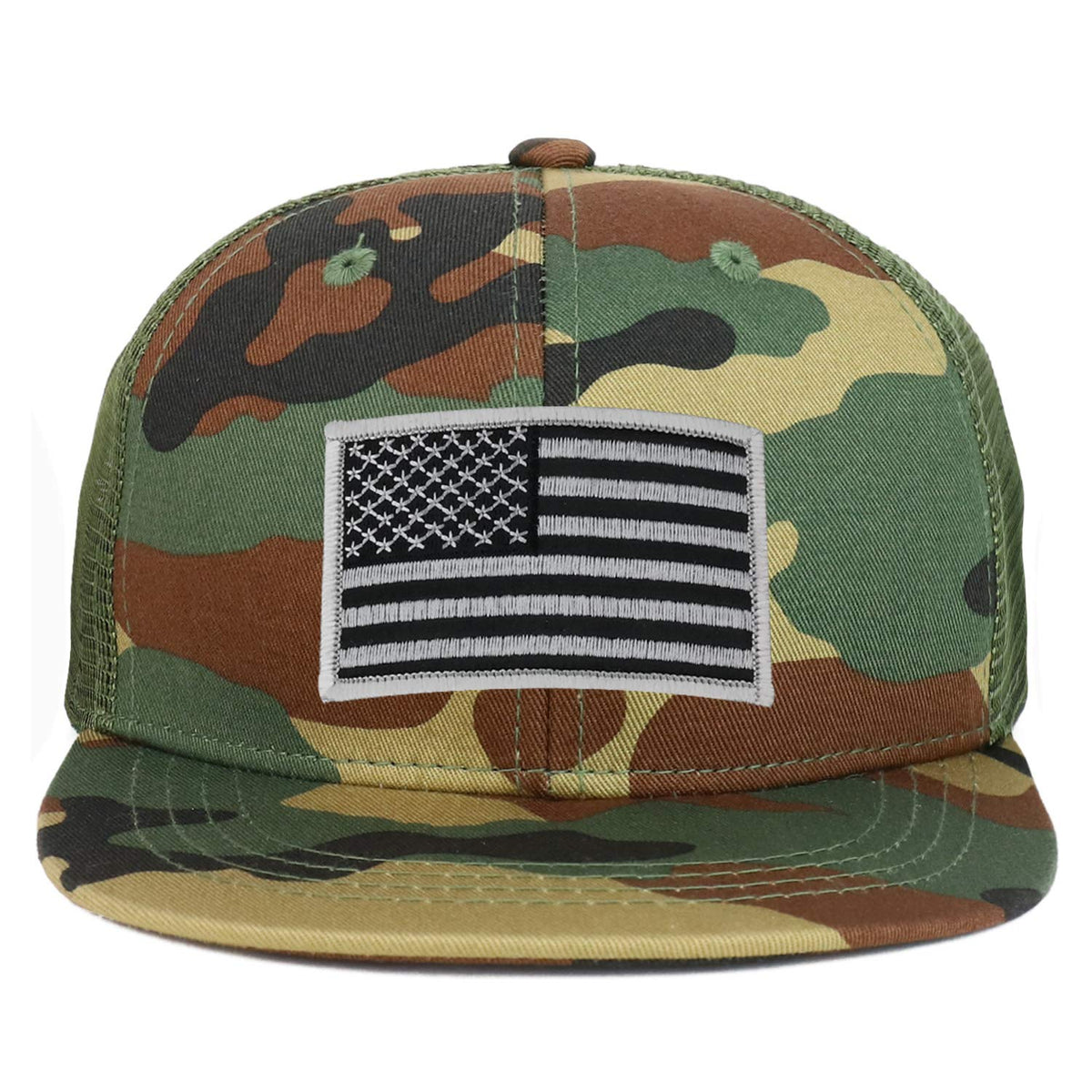 Armycrew Youth Kid's Grey American Flag Patch Flat Bill Snapback Trucker Cap