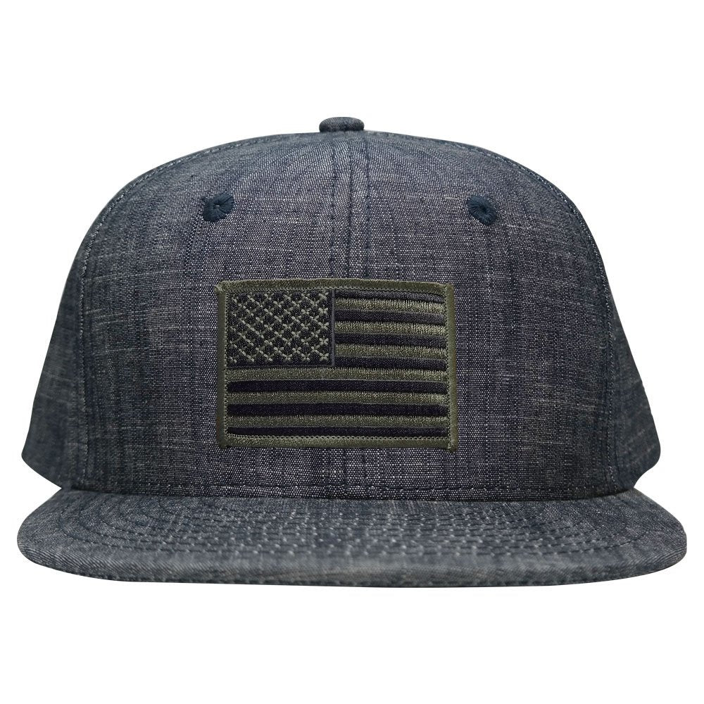 Washed Denim USA American Flag Embroidered Iron on Patch Snapback - BLU - Black Olive
