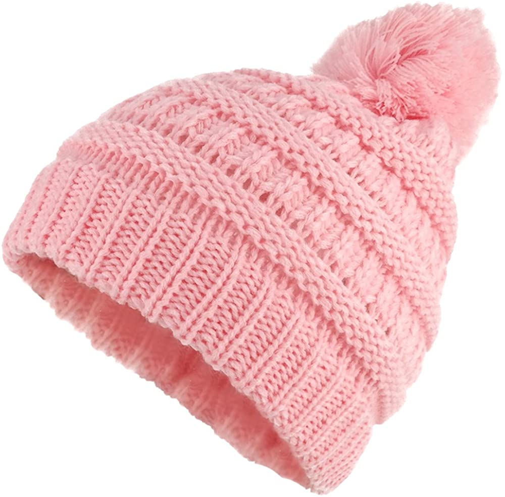 Armycrew Kids Winter Solid Ribbed Beanie Hat with Pom Pom - Beige