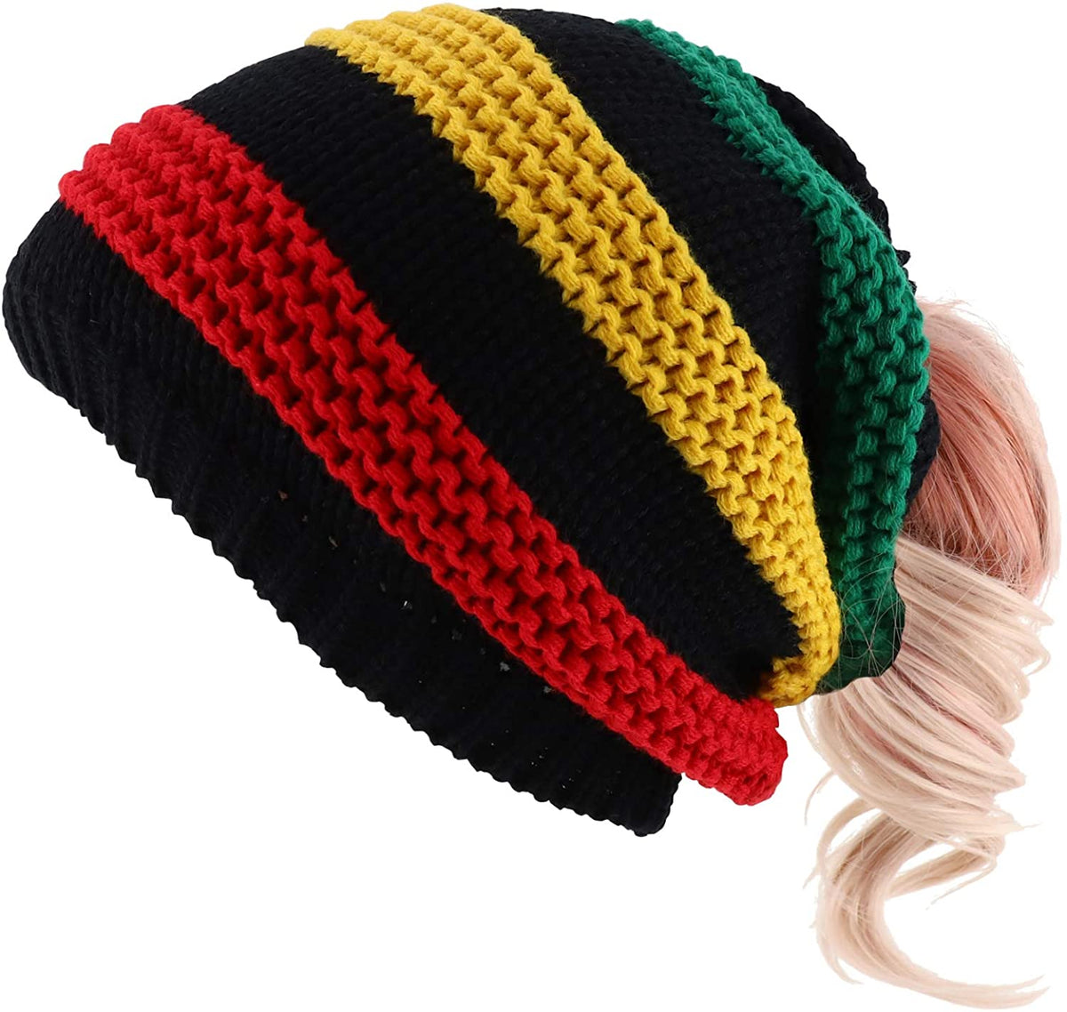 Armycrew Ribbed Knit Winter Rasta Jamaica Ponytail Deep Slouchy Beanie - Black Rasta