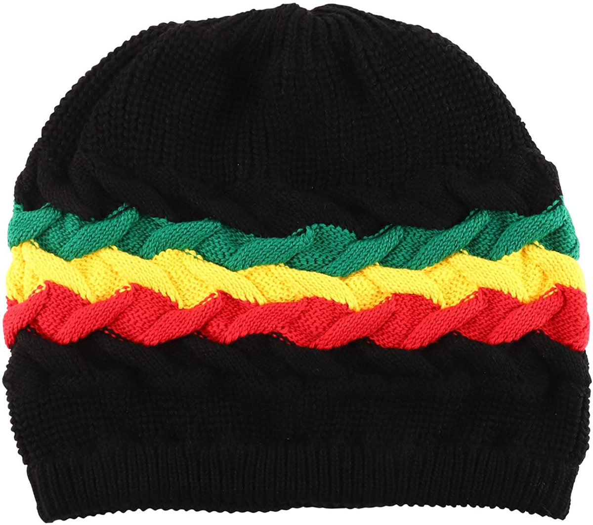 Armycrew RGY Cable Knit Dreadlock Deep Skull 100% Cotton Rasta Beanie - Black Rasta