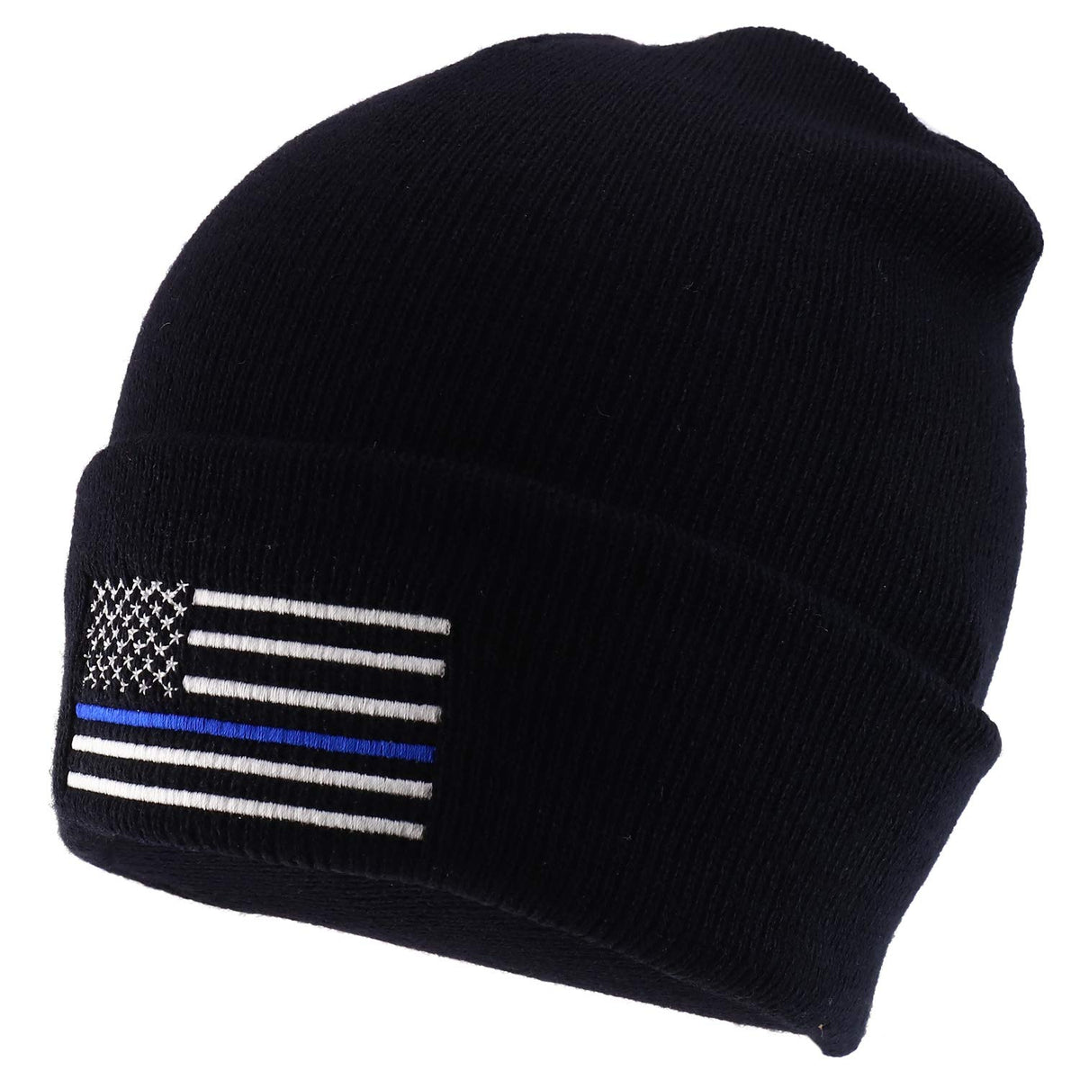 Armycrew Thin Blue Line TBL Flag Embroidered Cuff Long Beanie