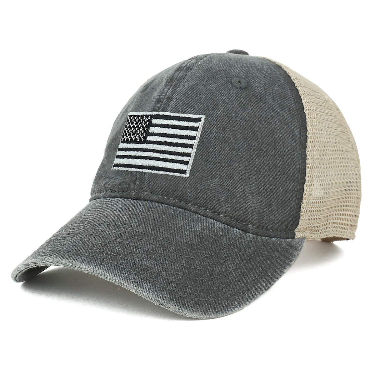 Armycrew Oversize XXL Grey American Flag Embroidered Washed Trucker Mesh Cap