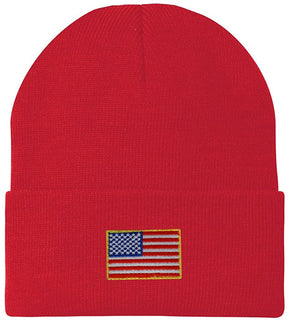 Armycrew Small American Flag Embroidered Patch Ribbed Cuffed Knit Beanie - Black