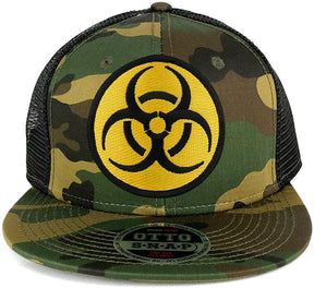 Armycrew Biohazard Circular Yellow Black Embroidered Patch Camo Flat Bill Snapback Mesh Cap