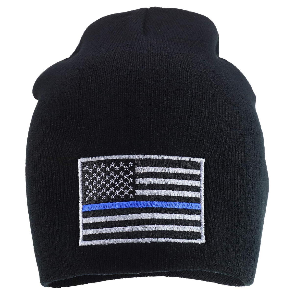 Rapid Dominance Thin Blue Line Embroidered US American Flag Skull Short Beanie Hat