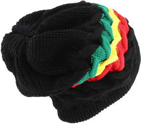 Armycrew RGY Cable Knit Dreadlock Deep Skull 100% Cotton Rasta Beanie - Black Rasta