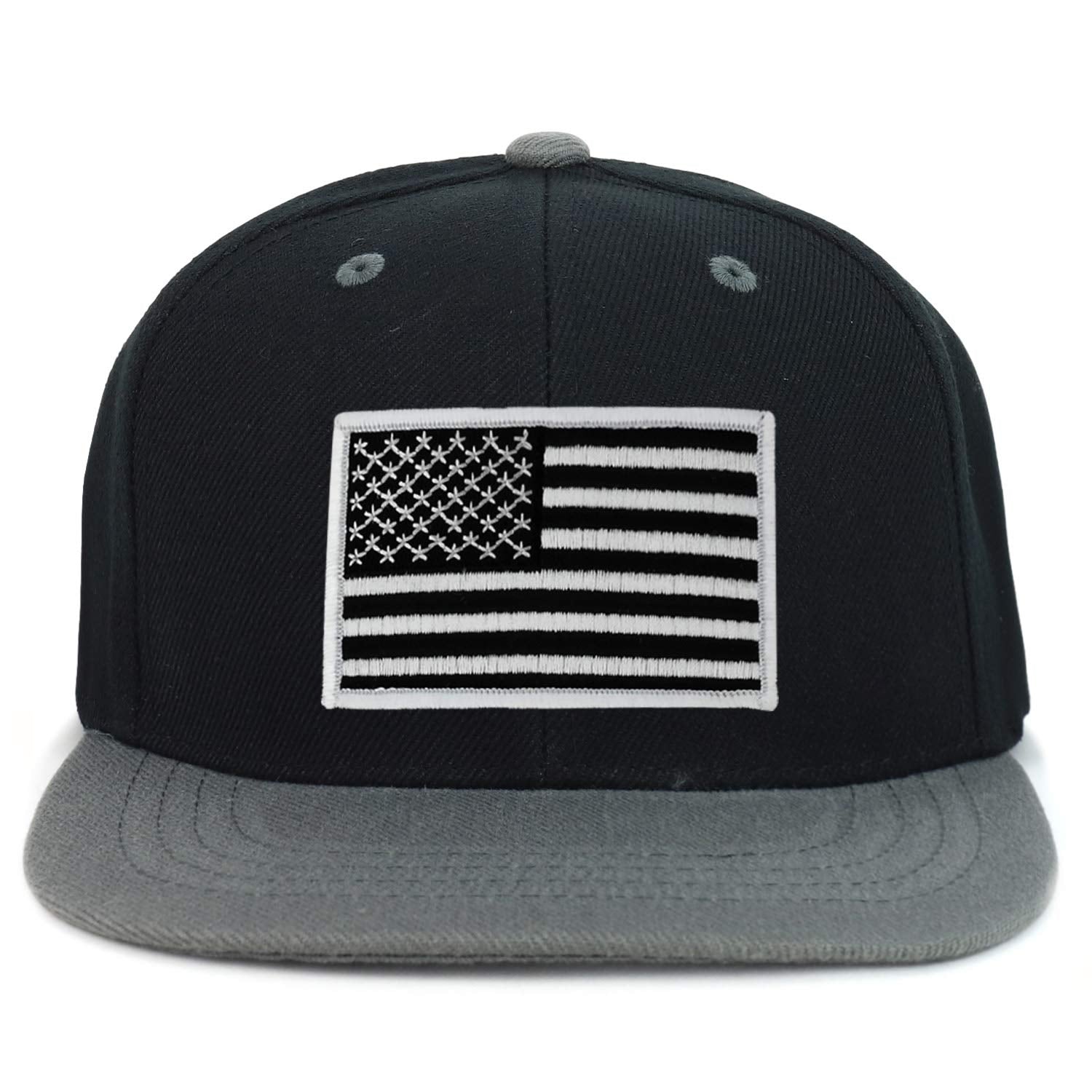 Armycrew Youth Kid's Black White American Flag Patch Flat Bill Snapback 2-Tone Baseball Cap