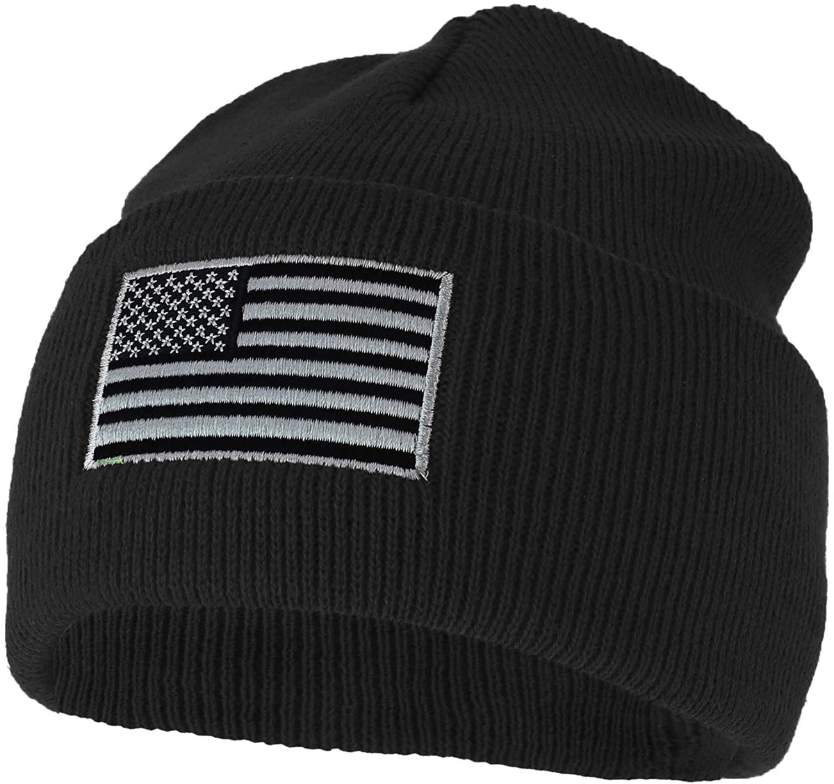 Armycrew Made in USA Grey American Flag Embroidered Knit Cuff Long Beanie