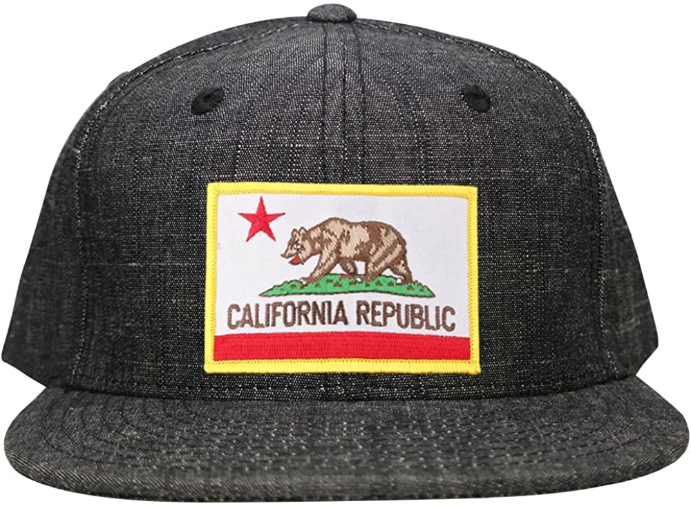 Washed Denim California Republic Iron on Patch Flatbill Snapback Cap - BLACK