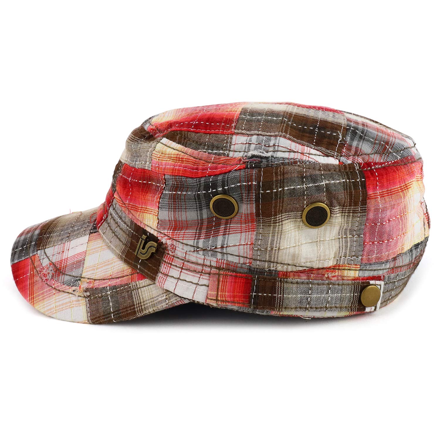 Armycrew Fashion Plaid Frayed Bill Flat Top Cotton Army Cap - Red