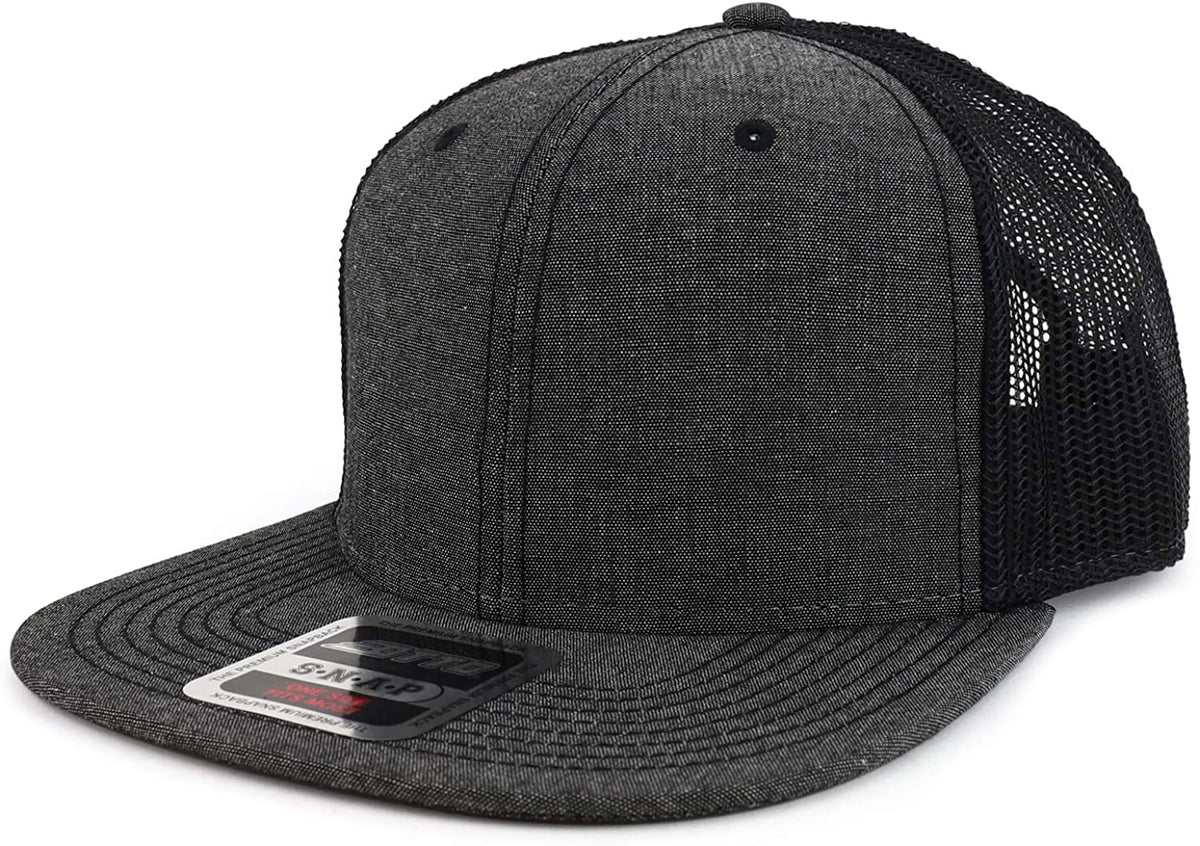 Armycrew Structured Chambray Flatbill Mesh Trucker Snapback Cap - Black