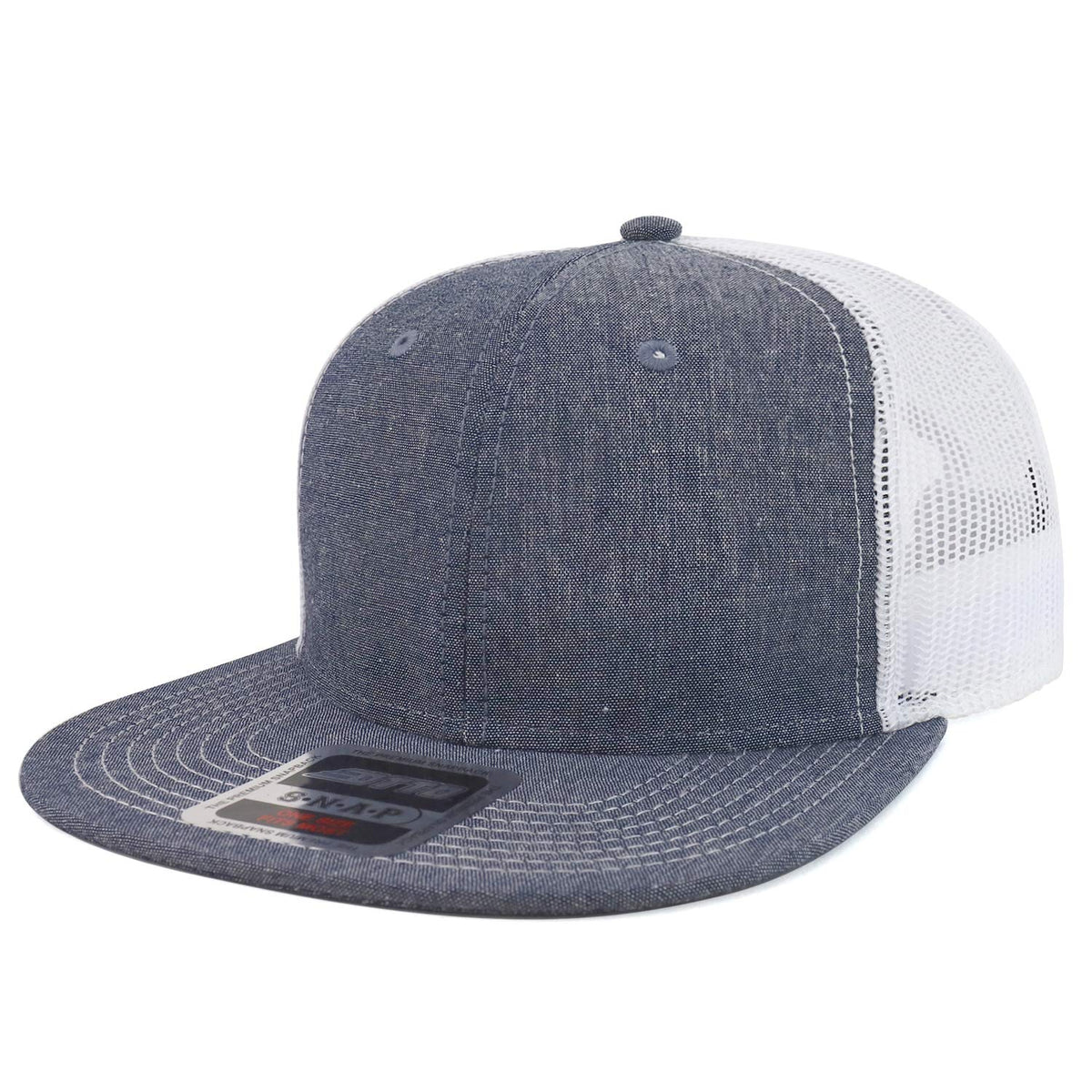 Armycrew Structured Chambray Flatbill Mesh Trucker Snapback Cap - Navy White