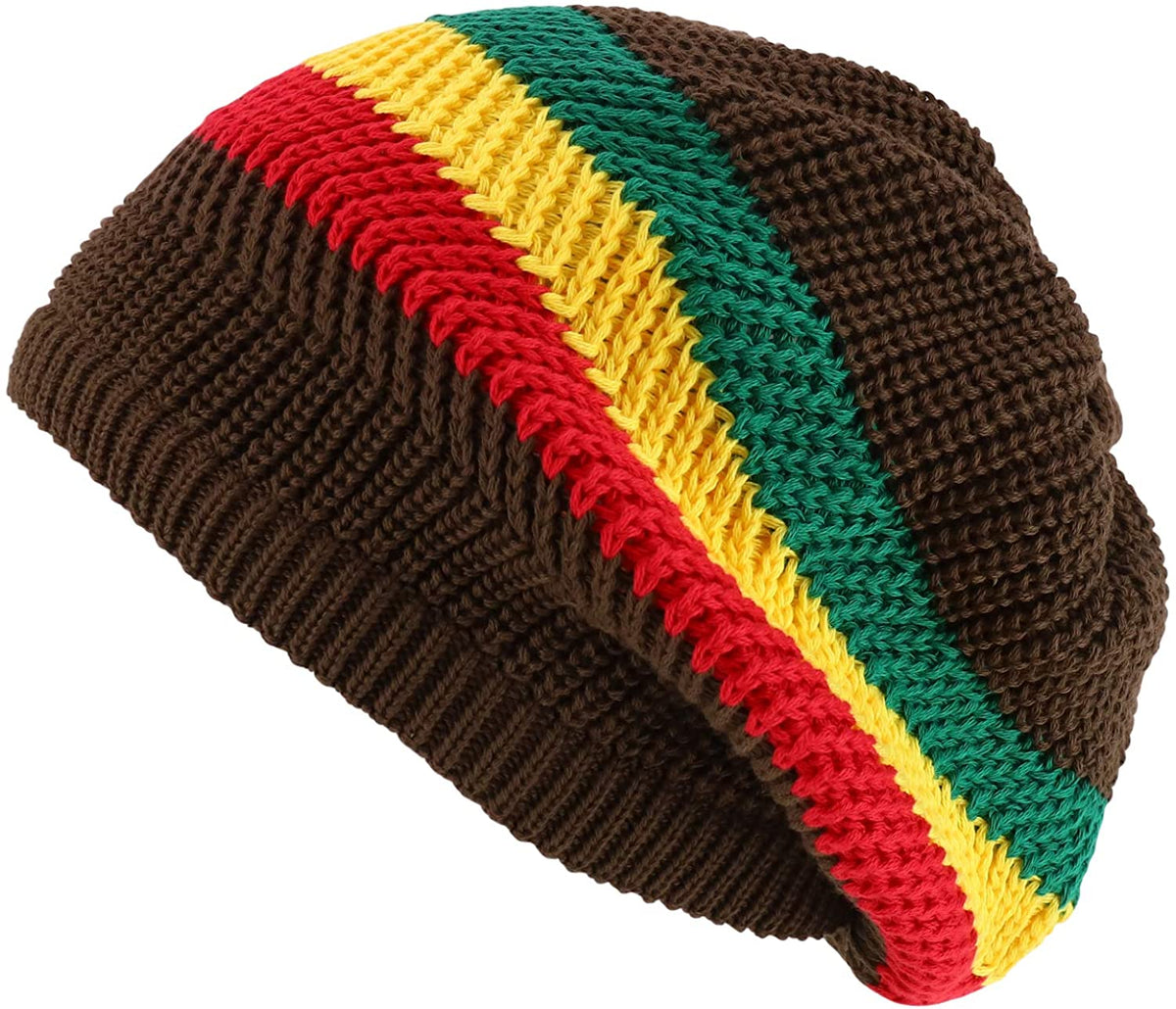 Armycrew Long Slouchy Striped Jamaica Rasta Winter Knit Cotton Dreadlock Beanie Hat - Brown Rasta