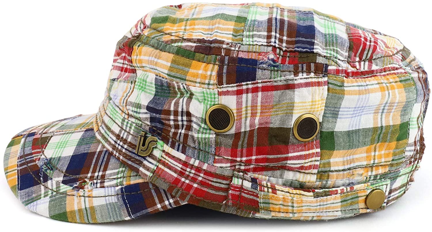 Armycrew Fashion Plaid Frayed Bill Flat Top Cotton Army Cap - Gold