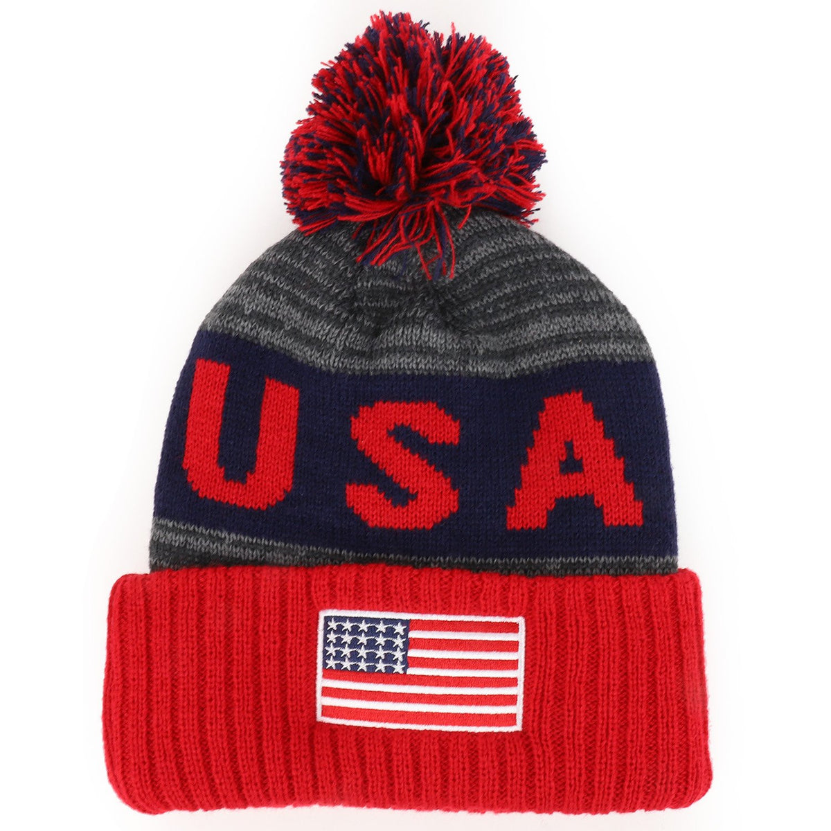 Armycrew USA Pom Pom Stylish Acrylic Cuff Winter Beanie Hat - USA Print - Red Navy