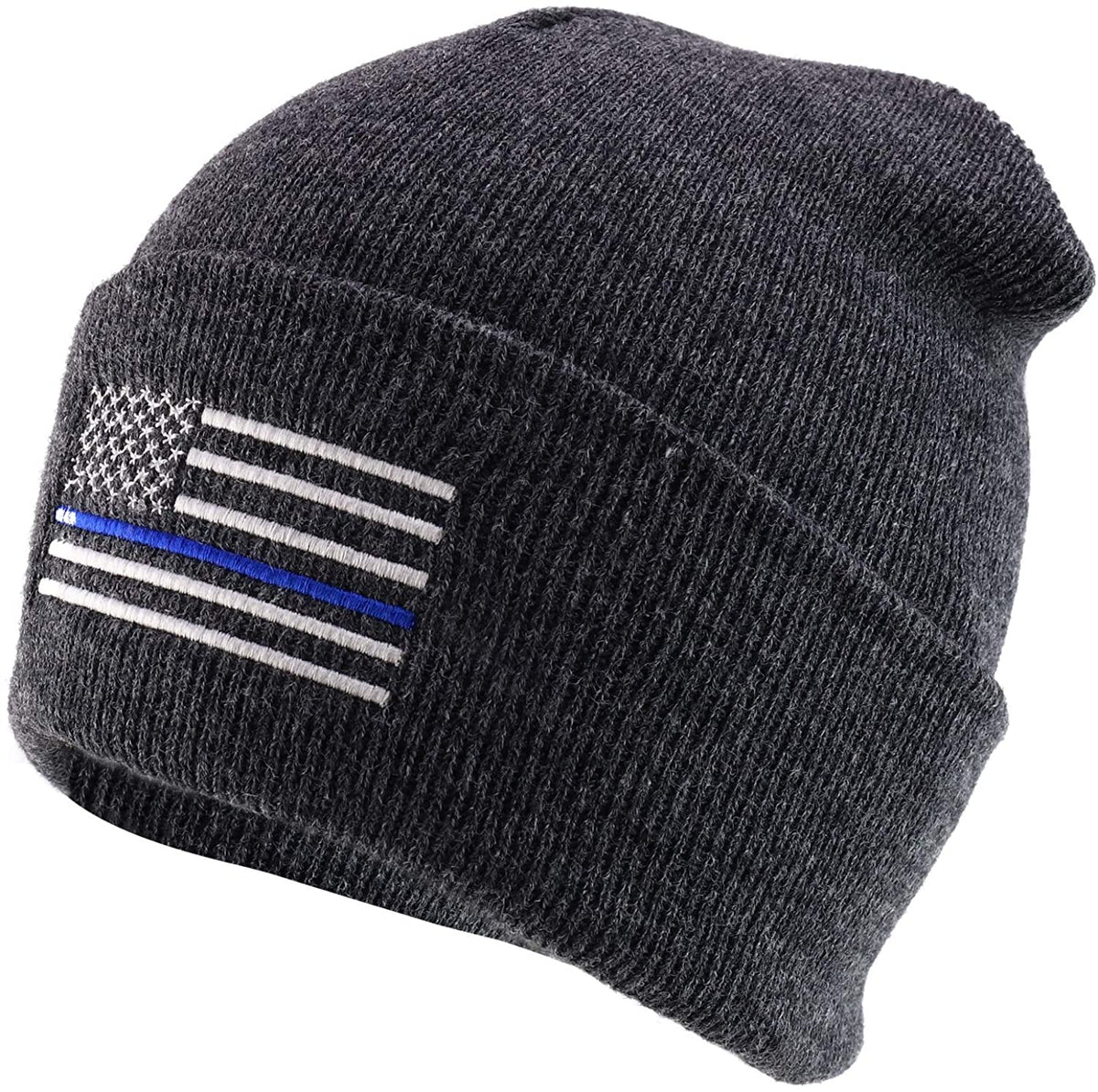 Armycrew Thin Blue Line TBL Flag Embroidered Cuff Long Beanie