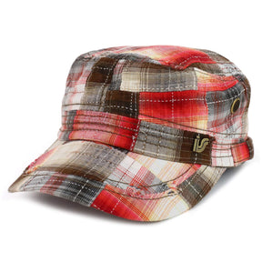 Armycrew Fashion Plaid Frayed Bill Flat Top Cotton Army Cap - Red